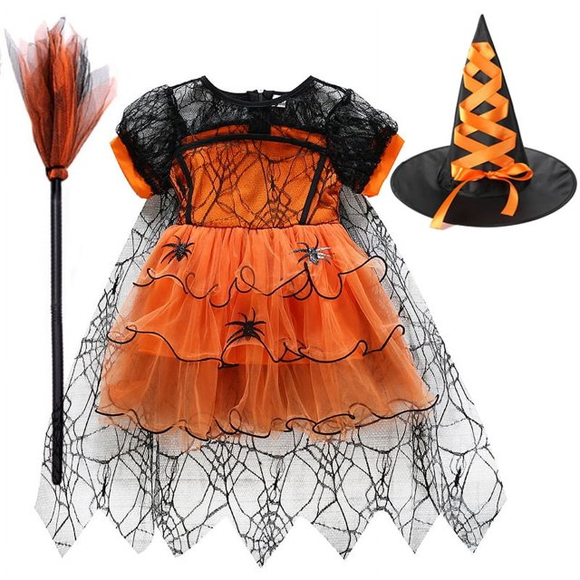 Vestido de fiesta de Halloween para niña con capa de bruja, disfraz de manga corta con estampado de araña, tutú de encaje y malla hasta la rodilla, 1 a 5 años