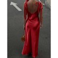 thumbnail image 2 of Red Satin Bow Strap Deep V-Neck Maxi Dress For Formal Events, Parties, Weddings, Galas, 2 of 8