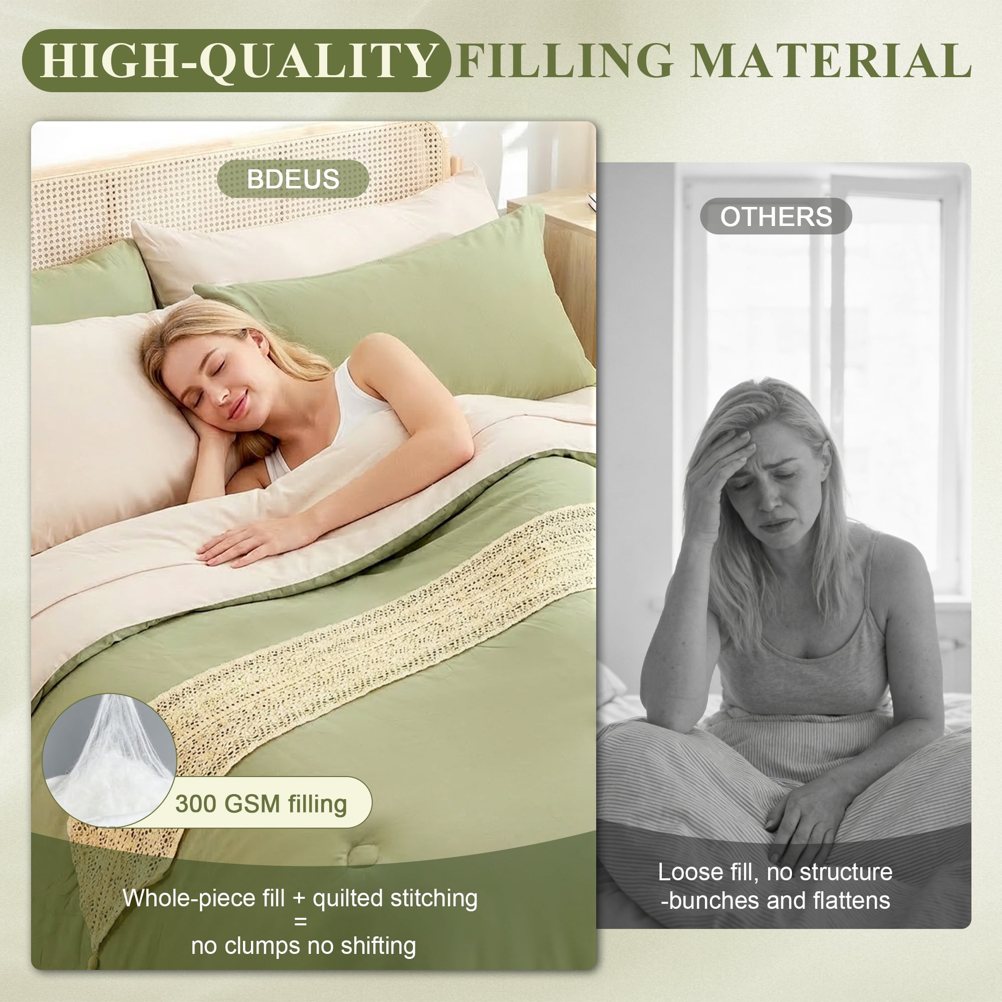 BDEUS 7 Pieces Comforter Set Full，Bed in A bag，All Seasons Bedding sets with Comforter,Fitted Sheet,Flat Sheet,Pillowcases & Shames，Sage green