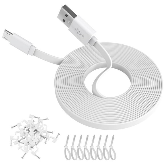 czcpp-30FT Flat Power Extension Cable for WyzeCam, YI Camera NestCam Blink Wyze Cam OG Wyze Cam Pan Netvue Kasa Cam Cloud Camera Arlo Q Furbo Dog, USB to Micro USB Durable Charging and Data Sync Cord
