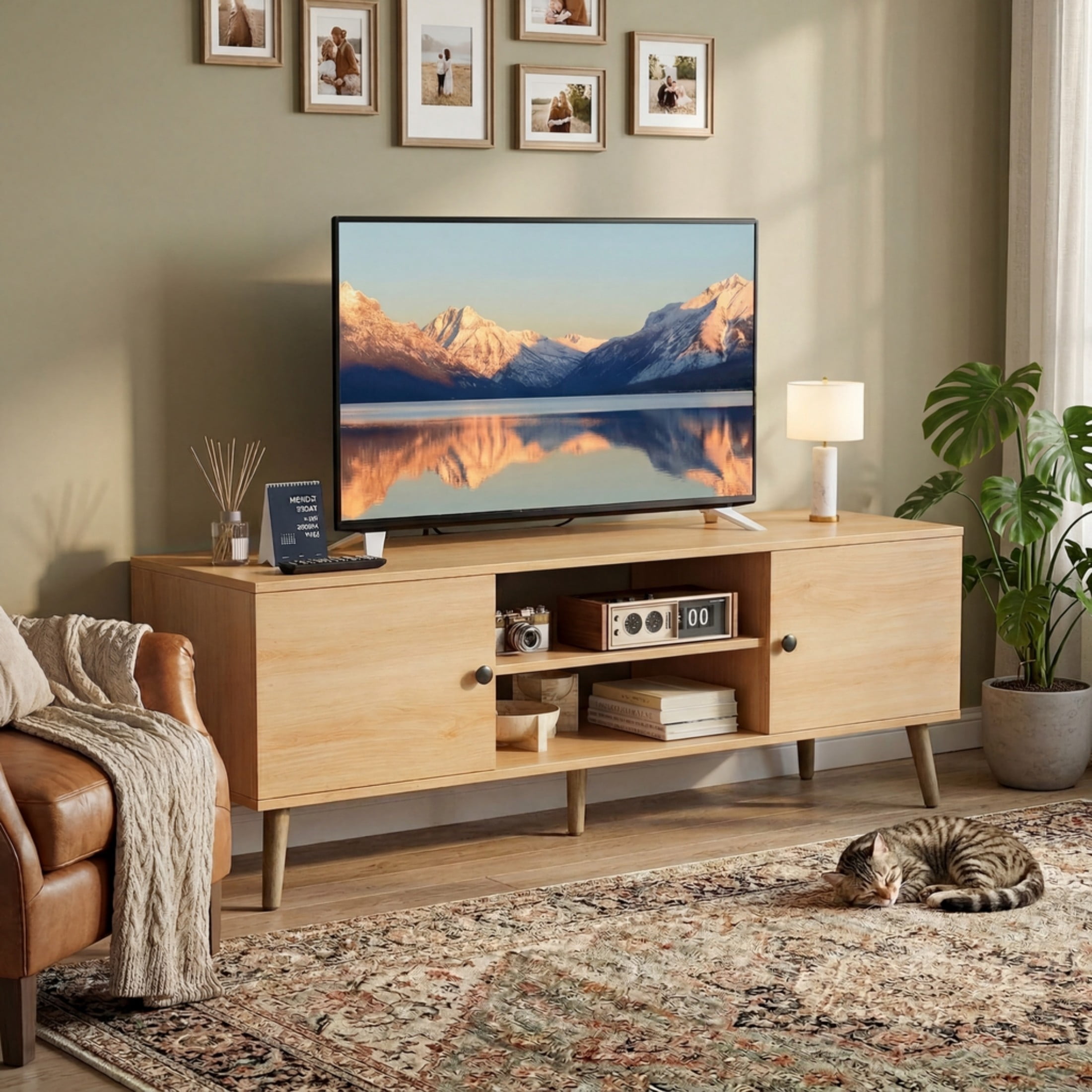 CONCETTA Wood TV Stand with 2 Storage Cabinets, Modern Entertainment Center for TVs up to 60 inches, Media Console with Adjustable Shelves and Cable Management, Wooden Color