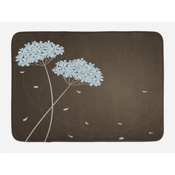 Brown and Blue Bath Mat, Floral Design with Swirl Lines Falling Leaves