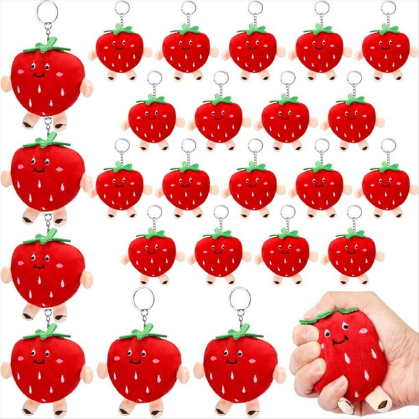 24 Llaveros de Peluche con Forma de Fresa, Rellenos de Felpa Roja, Kawaii, para Regalar en una Fiesta de Fresas.