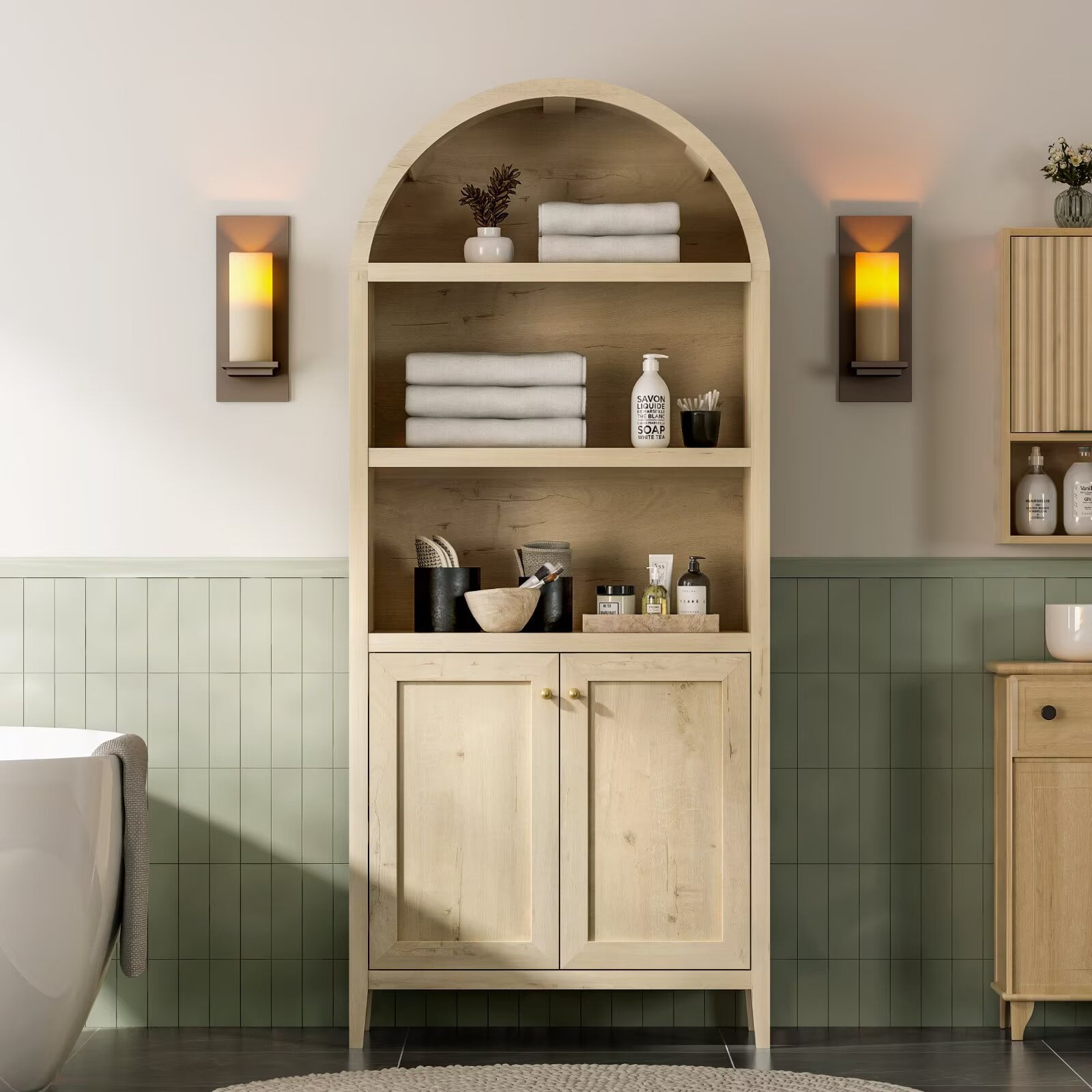 EYYTHUNG 71" Tall Arched Cabinet, 5-Tier Storage Cabinet with Shelves & Doors, Modern Farmhouse Bookshelf Pantry Organizer, Light Oak