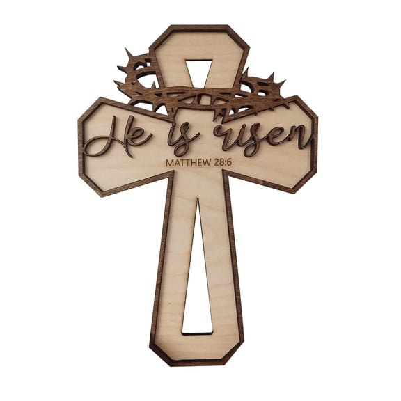 Decorr Easter Cross Wreath,He is Risen Easter Cross Wooden Door Hanger, 11.8"Hand Carved Religious Front Porch Sign with Rope, Spring Wreath for Holiday Home Garden Wall Decoration