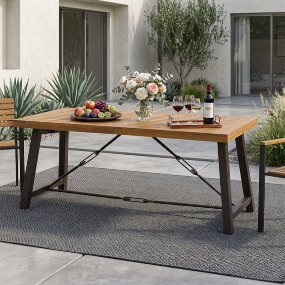 FFZ Outdoor Acacia Wood Dining Table with Iron Frame, 70 x 33 x 29.5 inch, Teak