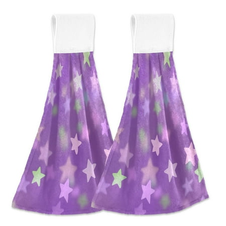 

2pcs Kitchen Hanging Towels Bathroom Hanging Towels Velcro Soft Hand Towel Absorbent Tie Towels for Kitchen Toilet Tea Bar Washcloth Decor Purple Stars Pastel Colors