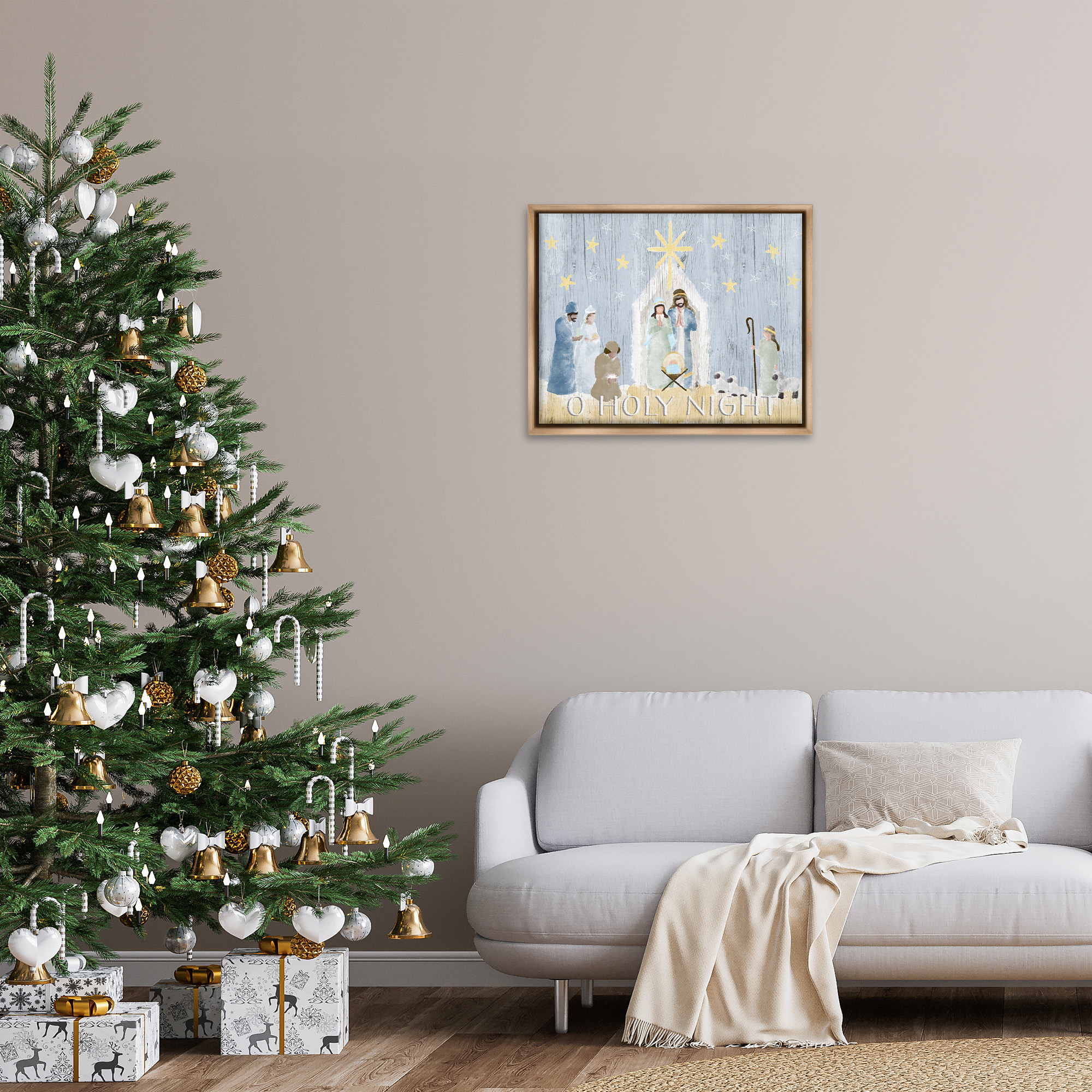 Stupell Industries Nativity Barn Stable Scene Religious Painting Brown Floater Framed Canvas Art Print Wall Art, 31 x 25