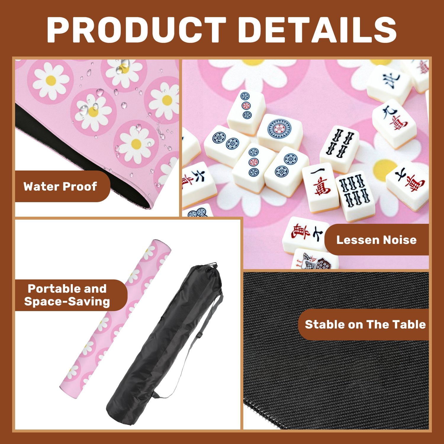 Mahjong Mat 31.5" x 31.5" Daisy Floral Pink Simple Design Non-Slip Noise Reduction American Mahjong Tiles Table Cover for Dominoes Poker Card Board Games Gift