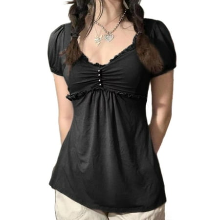 Taoocy Women s Short Sleeve Lace Patchwork T-Shirt Aesthetic Slim Fit Cute Babydoll Top Tees