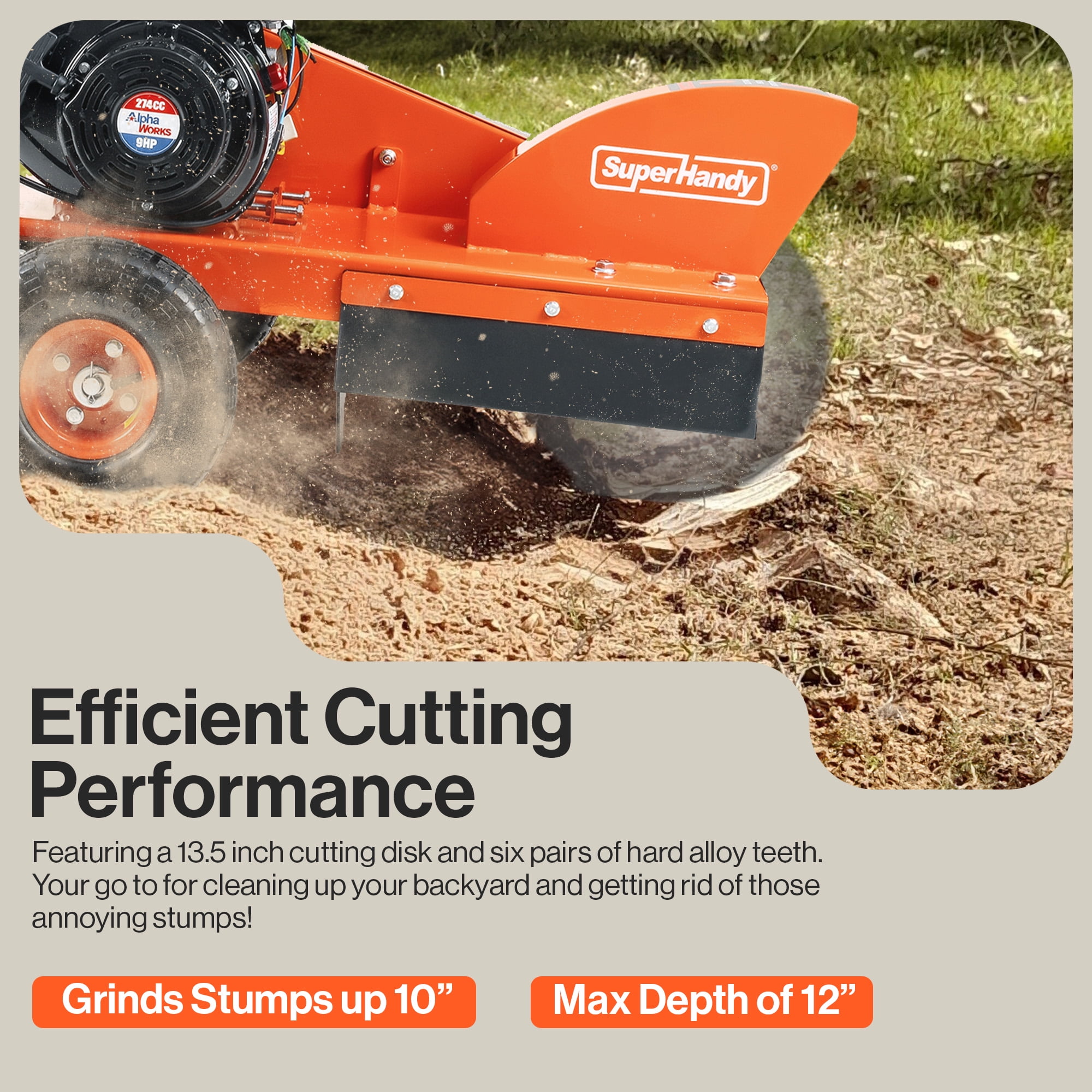 Compact Stump Grinder Pro - 9HP, 12" Cutting Blade, Effortless Stump Removal