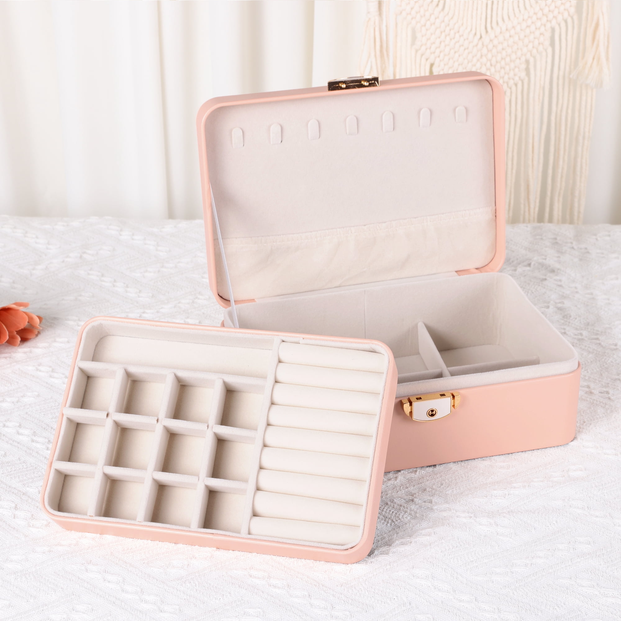 Unique Bargains 2 Layer PU Leather Jewelry Box Organizer Holder for Women Pink