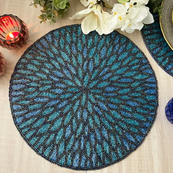 Set of 6, Handmade placemat, beaded round table placemat, blue, 14 inch