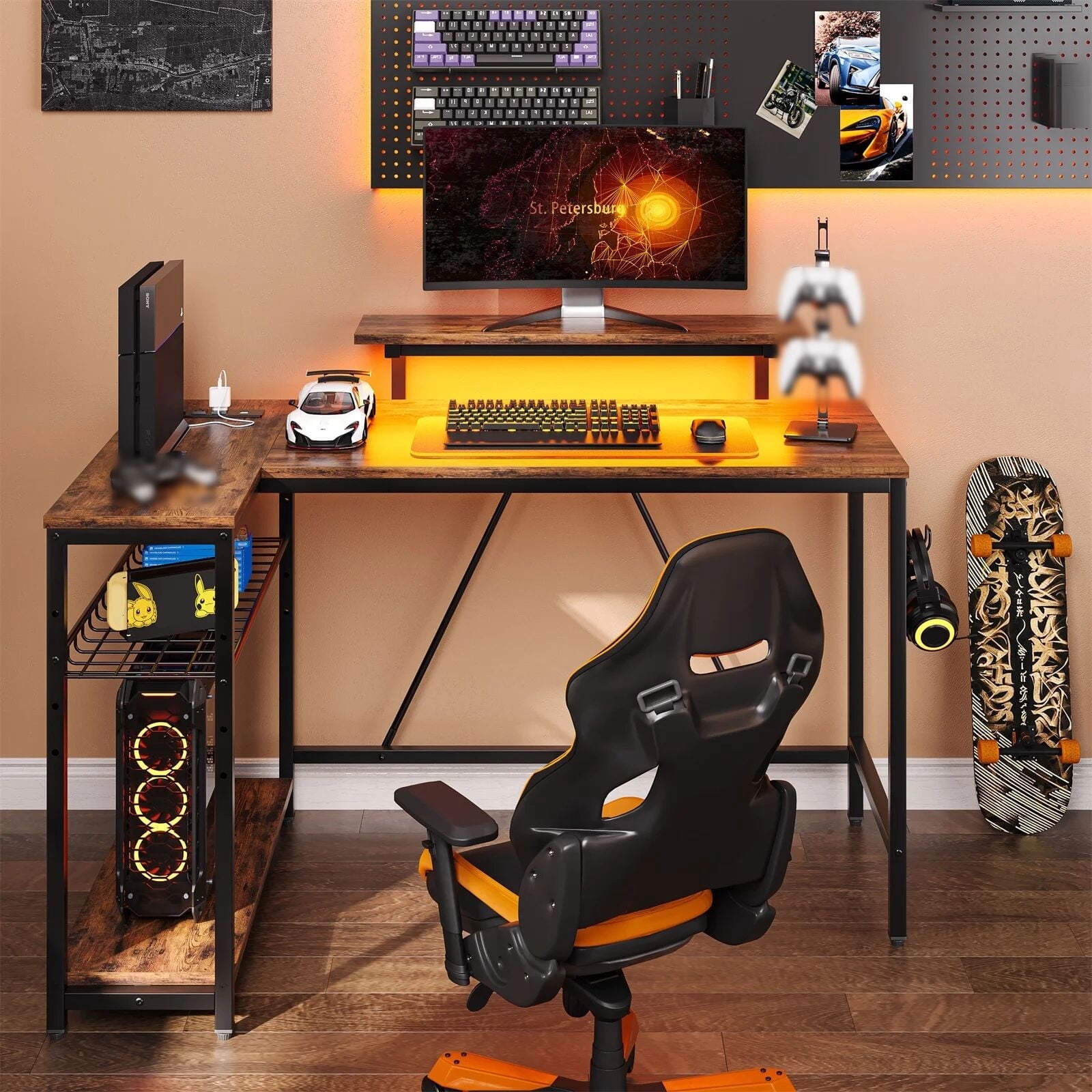 Bestier 48" L Shaped Desk with LED Lights & Power Outlets, Corner Computer Desk with Monitor Stand for Home Office, Rustic