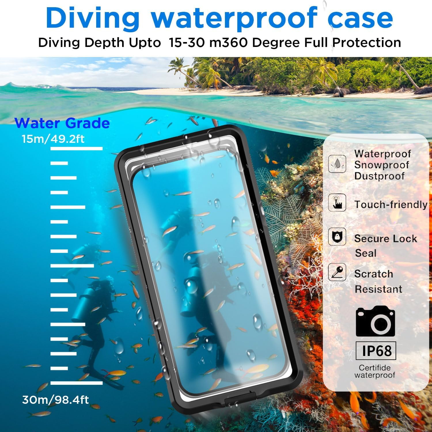 KOMI Waterproof Phone Case,Universal Self-Check Function Underwater Pouch Dry Bag with Type C Plug Beach Travel Essentials Snorkeling for iPhone 15/Samsung S24/LG,Google/Xiaomi/Motorola/Android