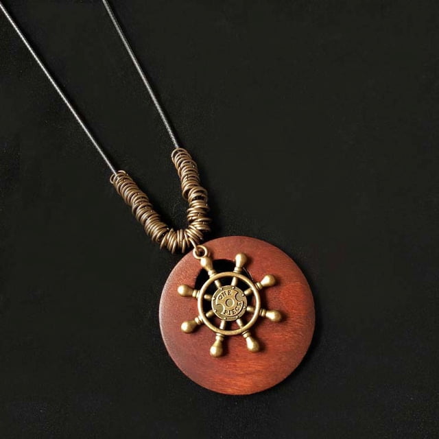Collar largo con forma de hoja de aleación de madera y estilo étnico con accesorios de algodón y lino vintage para mujer