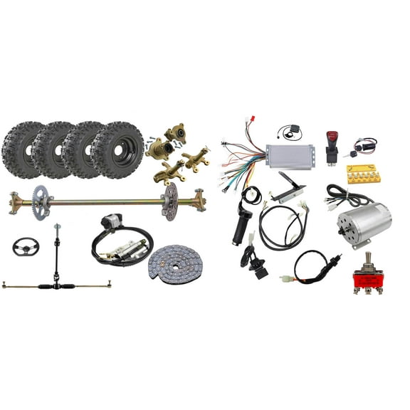 29" Go Kart Rear Axle Kit  Front End Steering Shaft Assembly  Brake   4.10-6" Wheels Tires  48V 1800W Brushless Electric Motor Kit for Go Kart ATV Quad Buggy Drift Trike 4 Wheeler