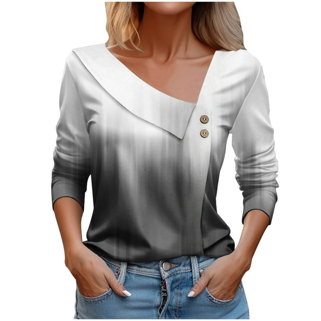 Bowake Haut à Manches Longues Col Asymétrique pour Femmes Chemises Décontractées Tunique Tee Tops Blouses pour Dames Printemps Automne