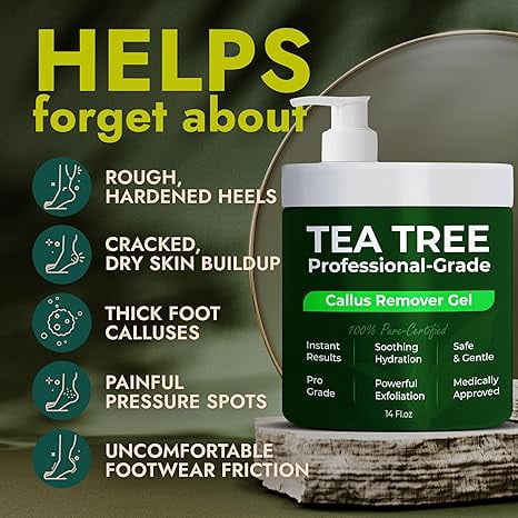 Tea Tree Callus Remover Gel | Professional-Grade Foot Exfoliant for Cracked Heels & Dry Feet | Instant Results & Soothing Hydration | Includes 3 Pumice Stones | 14 Fl Oz