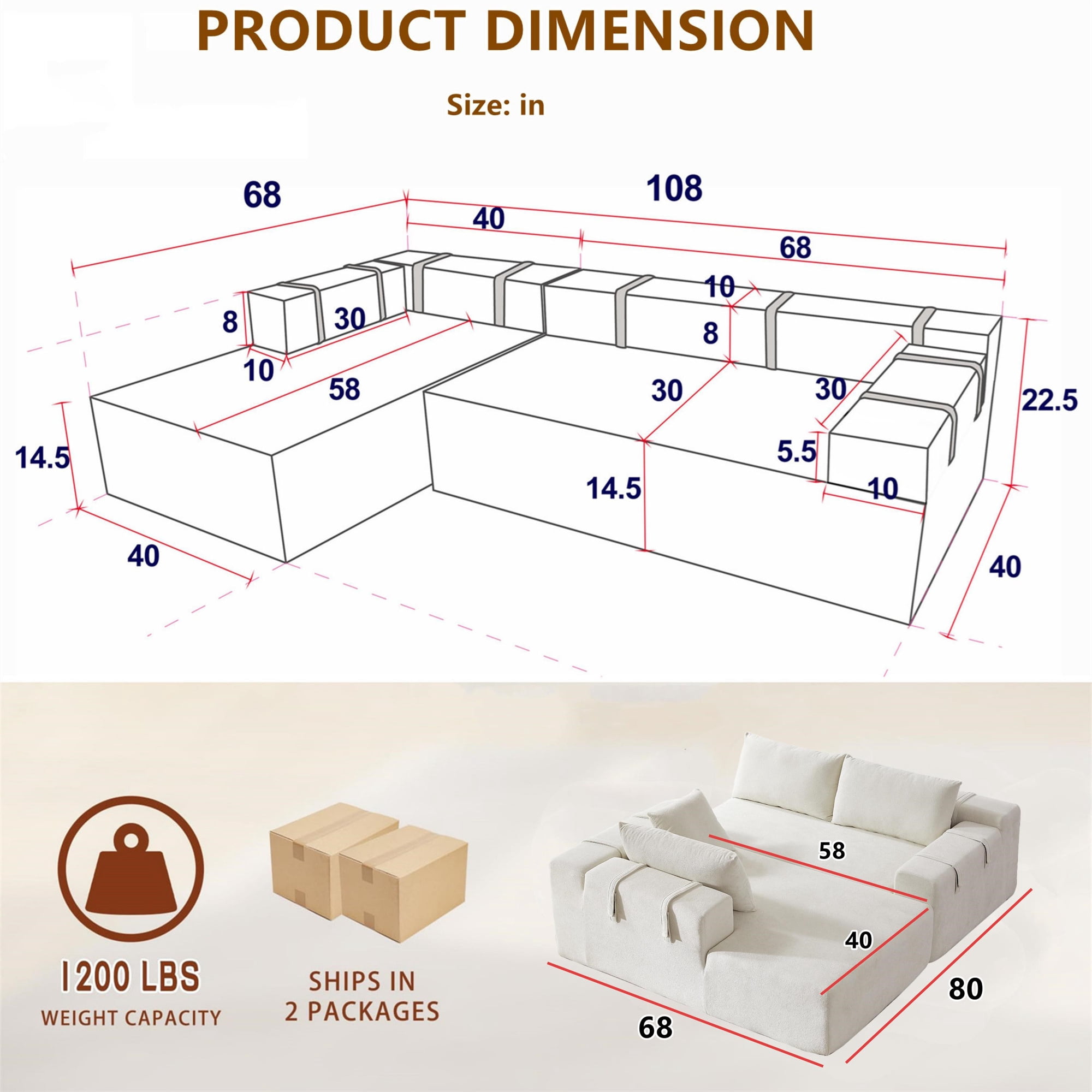 Aukfa 108" Modular Sectional Couch, Deep Seat Cloud Sofa with 6 Pillows, No Assembly, Left Chaise, Gray