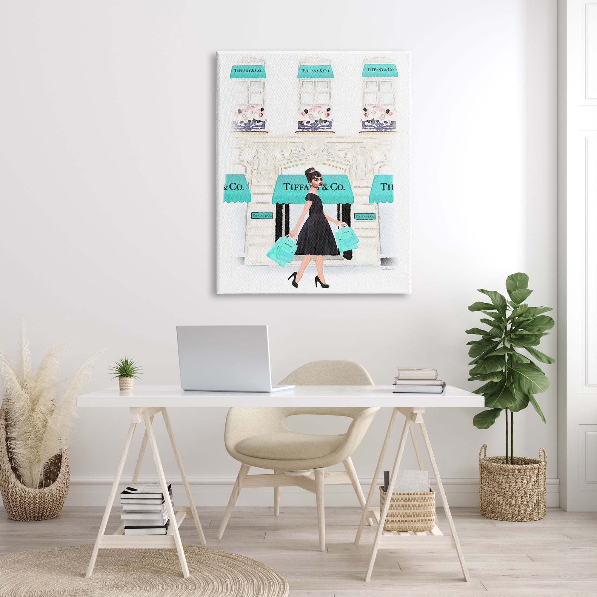 Stupell Industries Audrey with Blue Shopping Bags Urban City Architecture Beauty & Fashion Painting Gallery Wrapped Canvas Print Wall Art, 36 x 48
