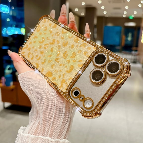 TECH CIRCLE Glitter Leopard Phone Case for iPhone 16, with Built-In Camera Lens Protector, Rhinestone Frame Protective Cover, Slim Lightweight Fashion Case for Women, Gold