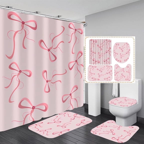 Pink Bow Shower Curtain Set - 4 Piece Bathroom Set with Hooks, Includes Curtain, Toilet Cover, Bath Mat, Rug