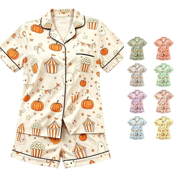 Afdoent Girls Pajamas Set Halloween Pumpkin Print Sleepwear Short Sleeve Lapel Top And Shorts Comfy Pajamas Set Casual Loungewear Comfortable Kids Holiday Sleepwear 14-15 Years
