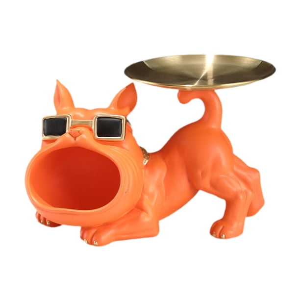 Estatua de perro bulldog, llavero, bandeja, cuenco, escultura de resina, artesanía, joyería Naranja