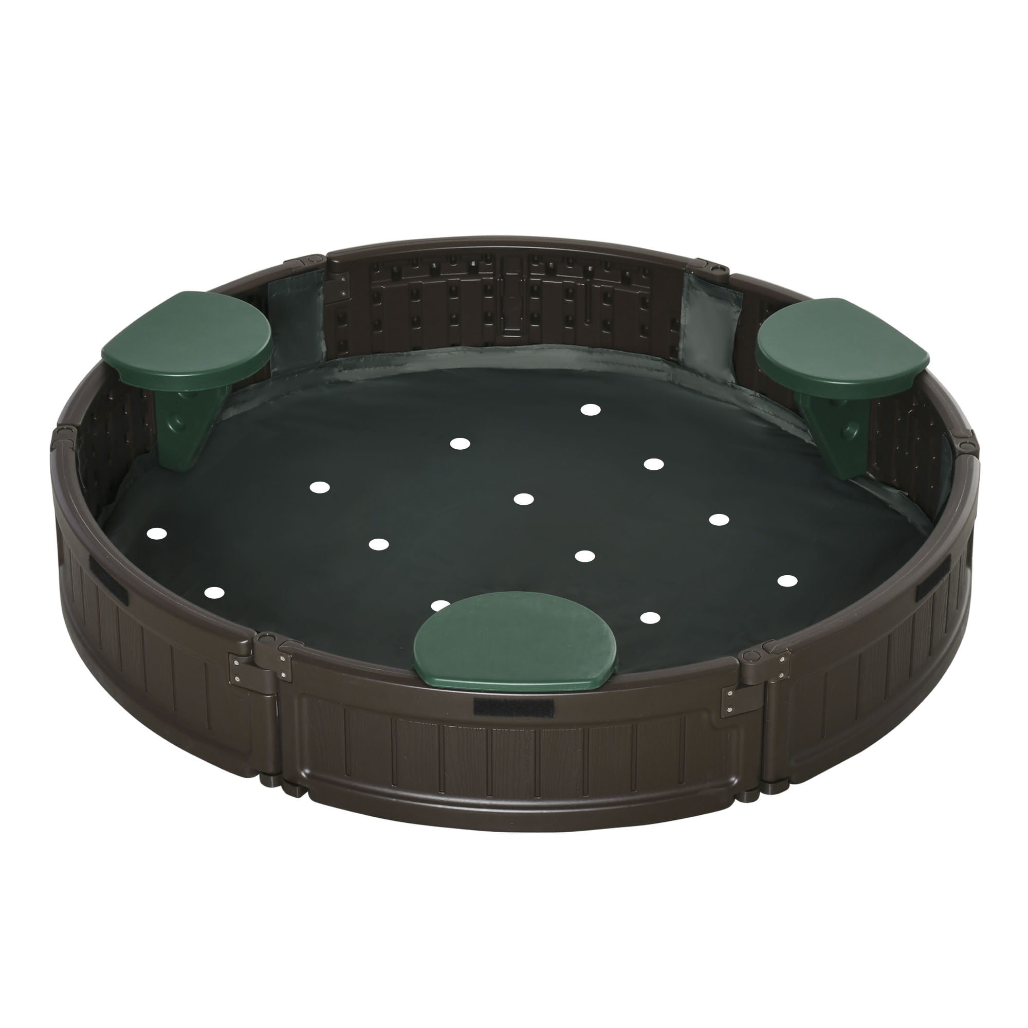 Kids Outdoor Round Sandbox with Cover & Garden Bed, 48.5" HDPE Sand Pit with 4 Seats, Easy Assembly Backyard Play Station, Brown