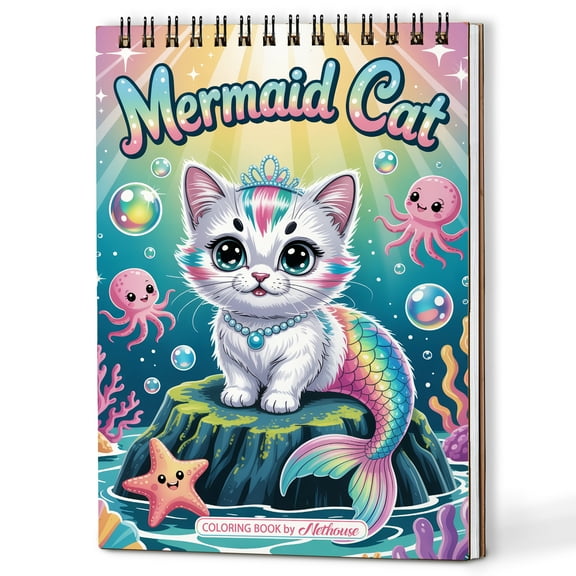 NETHOUSE Mermaid Cat Coloring Book for Adults, A5 Wooden Cover, 30 Adorable Coloring Pages of Magical Creatures for Stress Relief and Relaxation, Spiral Bound Edition