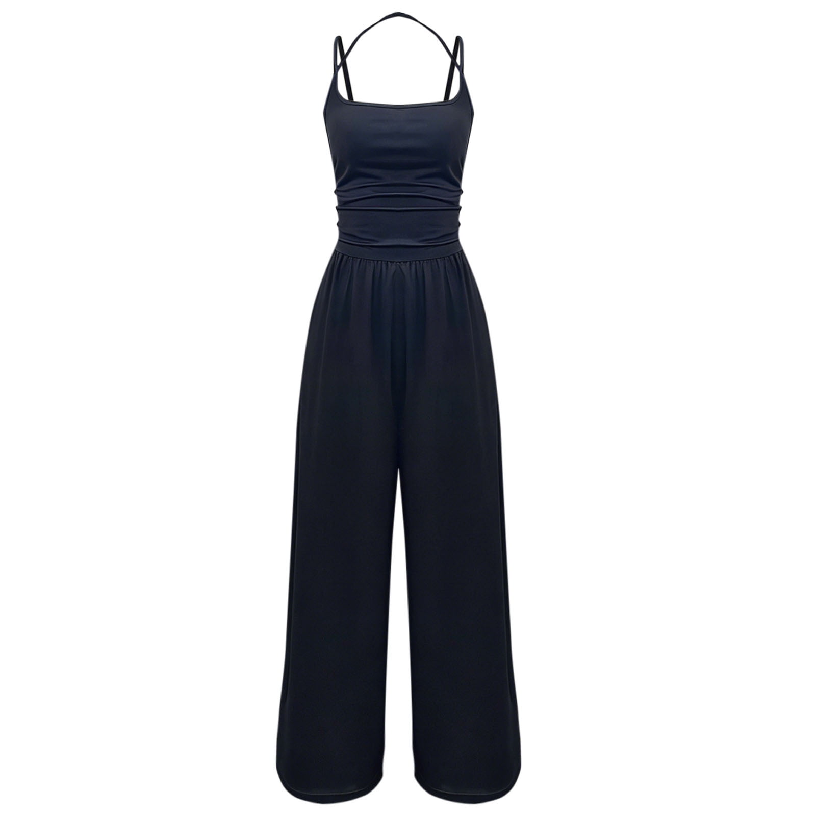 Dazajoo Casual Halter Jumpsuits for Women One Piece Spaghetti Strap Rompers Summer Sleeveless High Waist Jumpsuit,Blue,XL