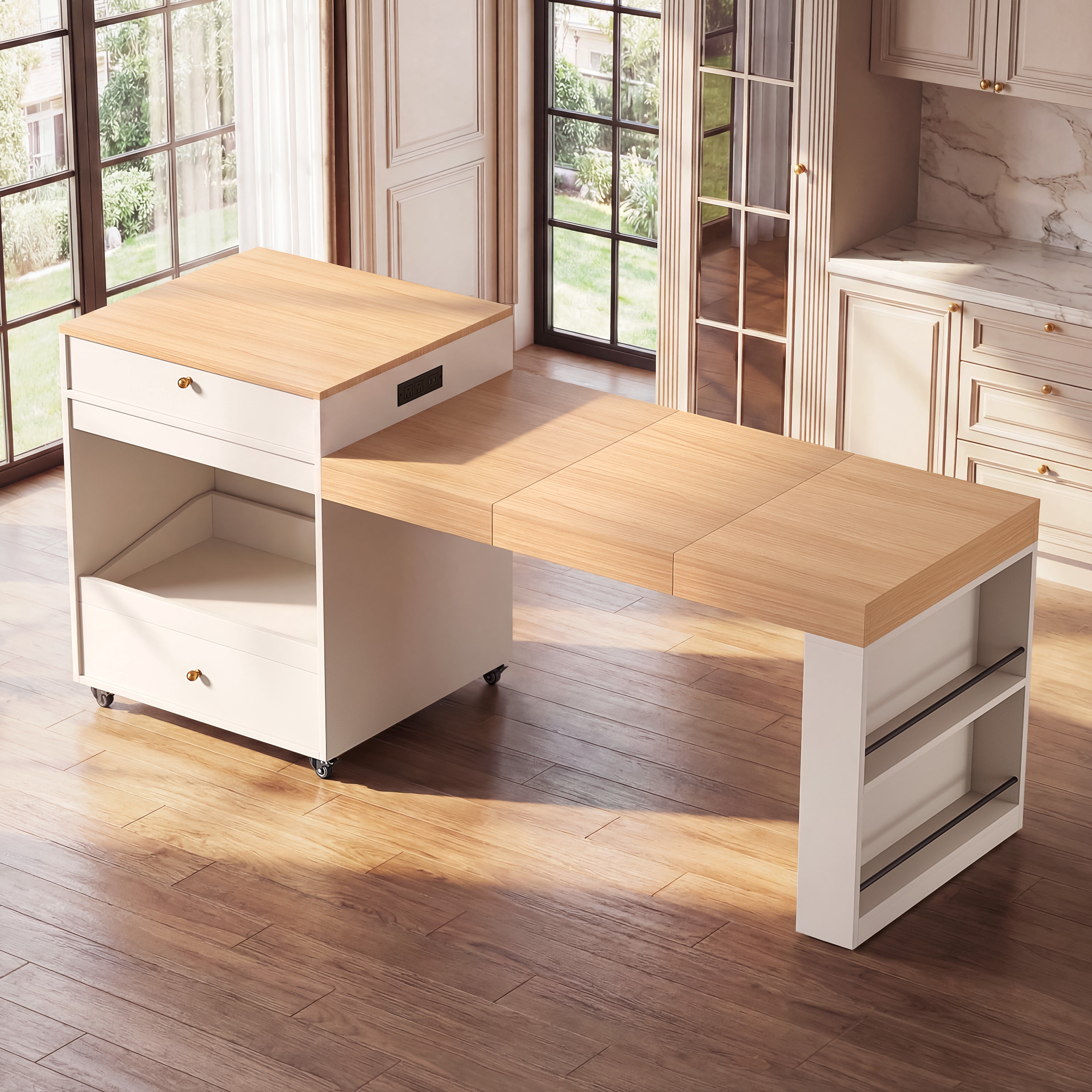 Mintazer 78.8'' Power Outlet Rolling Kitchen Island with 3-Stage Extendable Dining Table for 6-8, Kitchen Storage Cabinet with 2 Drawers and 3 Spice Rack for Pantry, Kithen, Dining Room, White