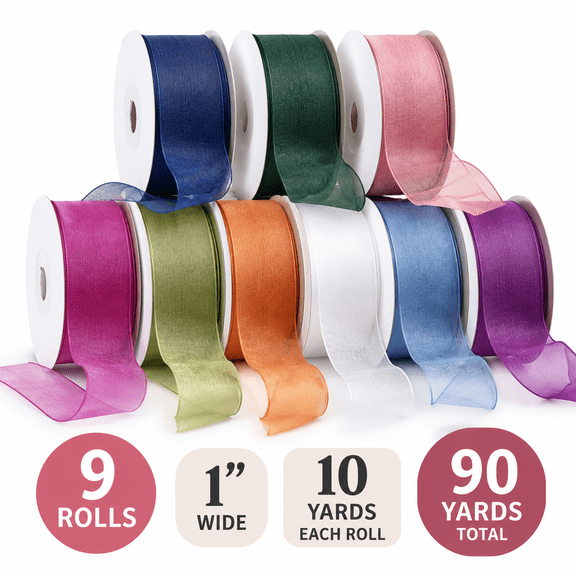 VIOWN 1 Inch Organza Ribbon Set, 9 Rolls 10 Yards Each, 90 Yards Sheer Ribbon Assortment for Gift Wrapping, Crafts, Floral Bouquets, Wedding Decorations and DIY Projects