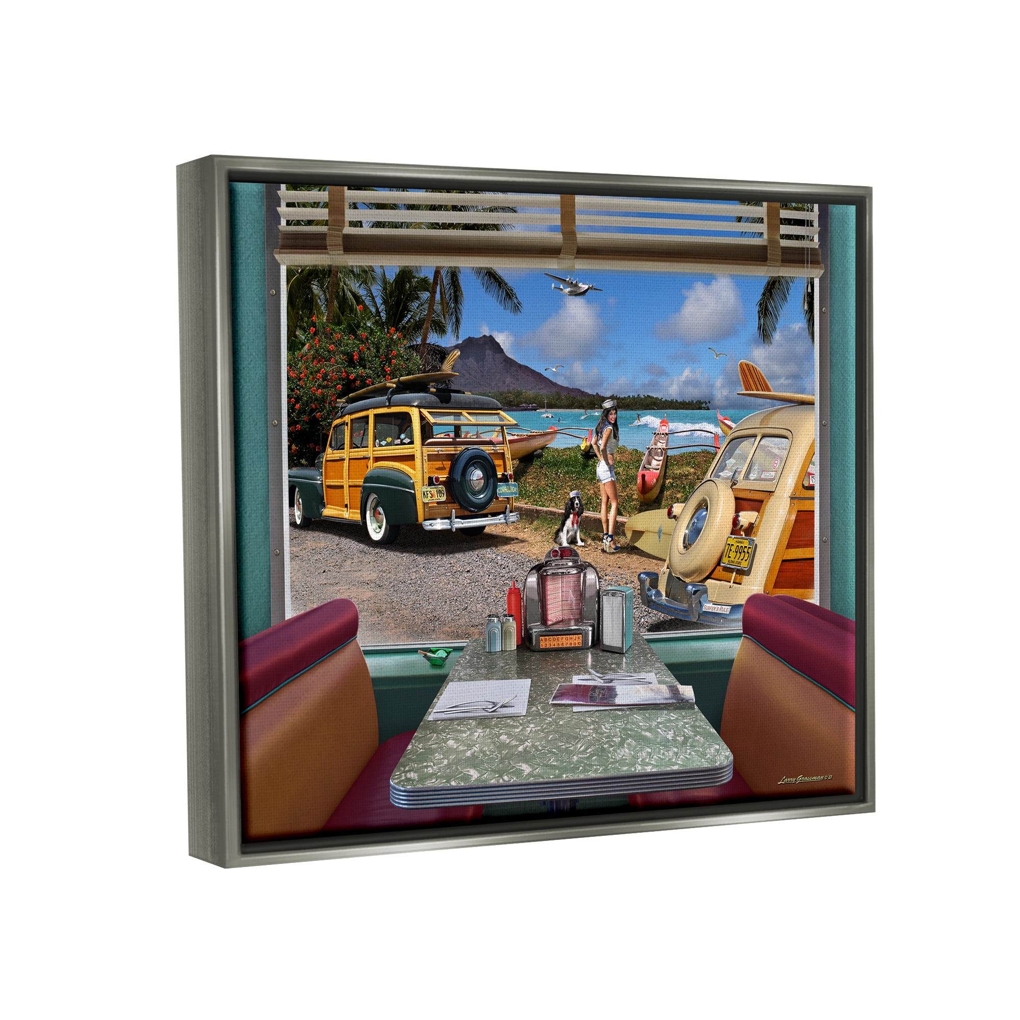 Stupell Industries Vintage Diner Beach View Transportation Painting Gray Floater Framed Canvas Art Print Wall Art, 31 x 25
