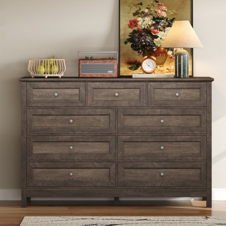 Wood Rustic Storage Dresser with 9 Drawers and Silver Handle