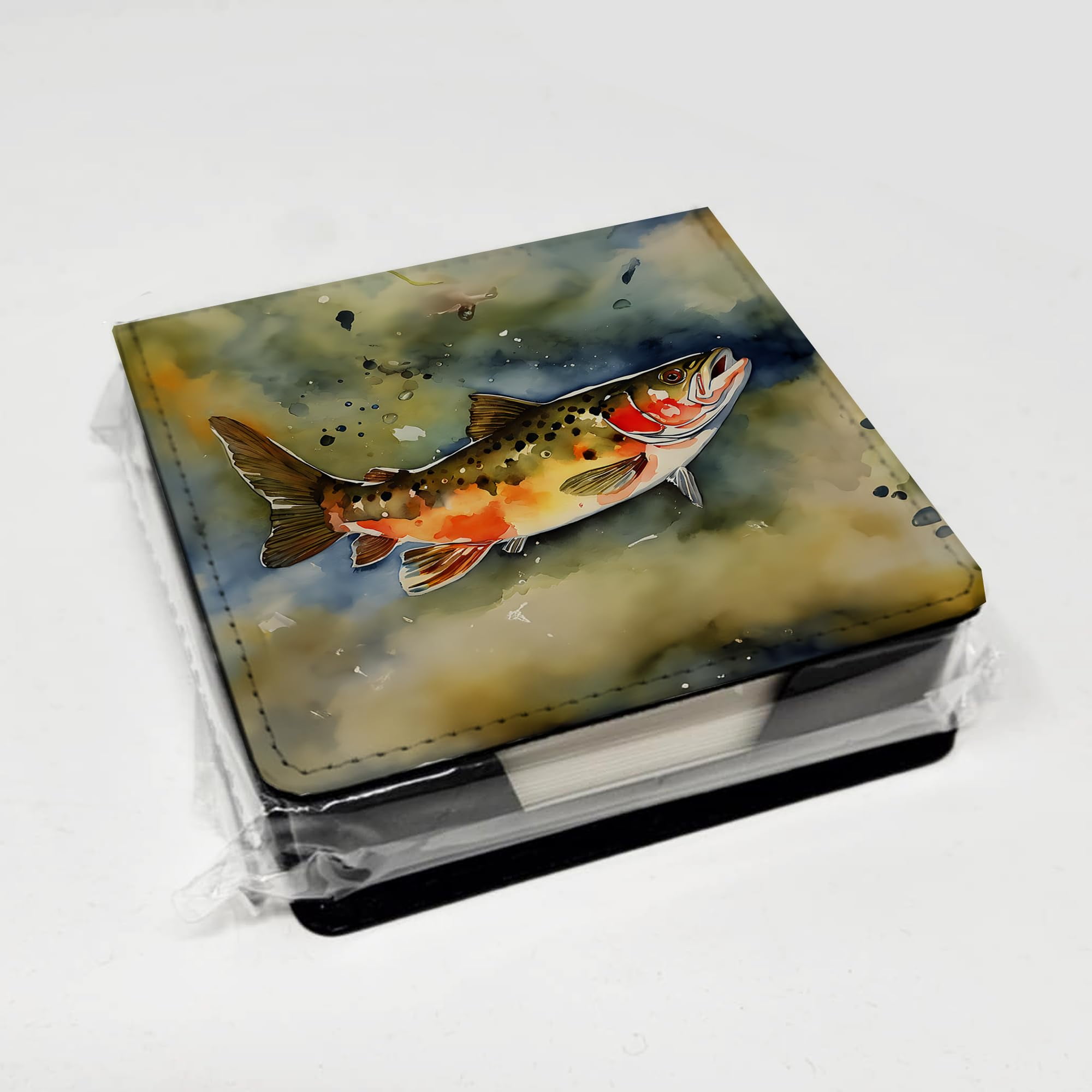 Caroline's Treasures Brook Trout PU Leather Note Paper Holder with Artist-Designed Cover, Desk Accessory, Office Gift
