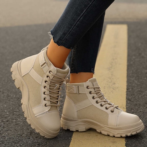 PiGOGI Women's British Style Ankle Boots Lace Up Wedge Heel Boots for Women Round Toe Thick Sole Casual Comfortable Khaki 43