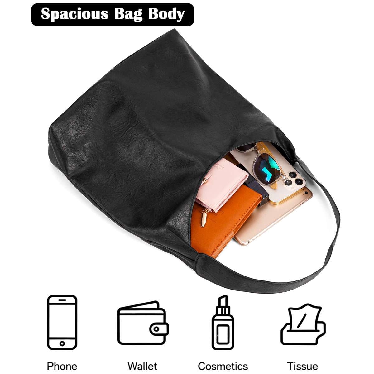 Spencer Retro PU Bags for Women Tote Bag with Purse Slouchy Bag Hobo Handbag Crescent Satchels Shoulder Bag, 2pcs Bag Set, Black