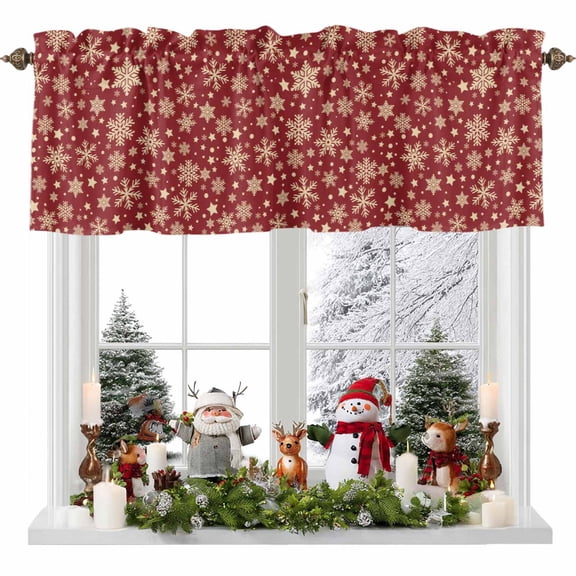 Winter Snowflakes Valances for Windows, 42 x 18in, Christmas Abstract Art Beige Star Red Rod Pocket Kitchen Valance Curtain Light Filtering Window Treatments for Living Room Bedroom, 1 Panel