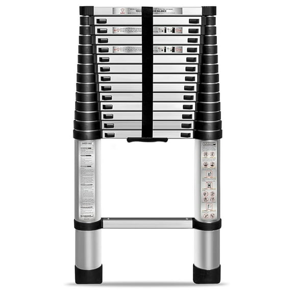 Folding Aluminum Telescoping Extension Ladder - One Button Retraction Extension Ladders for Home Roof, Indoor Outdoor Compact Telescopic Ladder Lightweight Aluminum Ladder