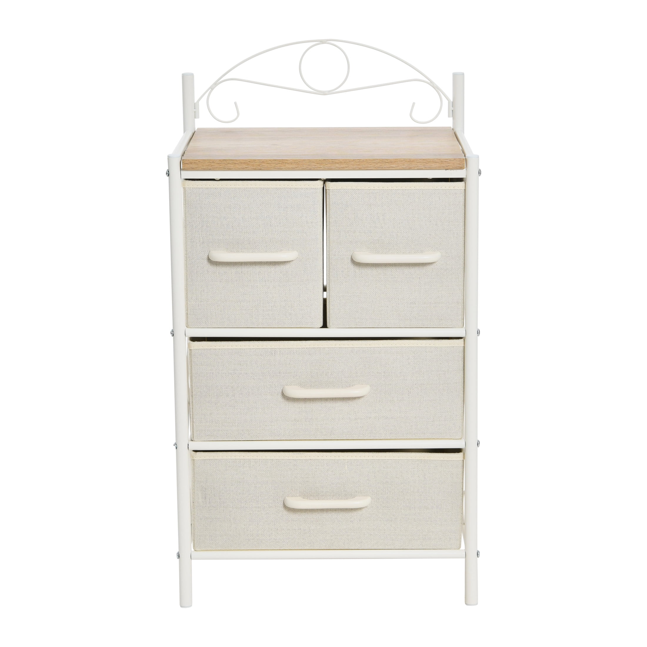 Household Essentials Victoria Dresser Nightstand Storage Organizer with 4 Beige Drawers White Metal Frame and Coastal Oak Rustic Wood Grain Top