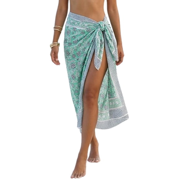 100% Cotton Sarong Cover Up for Women Green Indian Block Print Beach Wrap Skirt Long Boho Swimsuit Bikini Pareo (72”x42”)