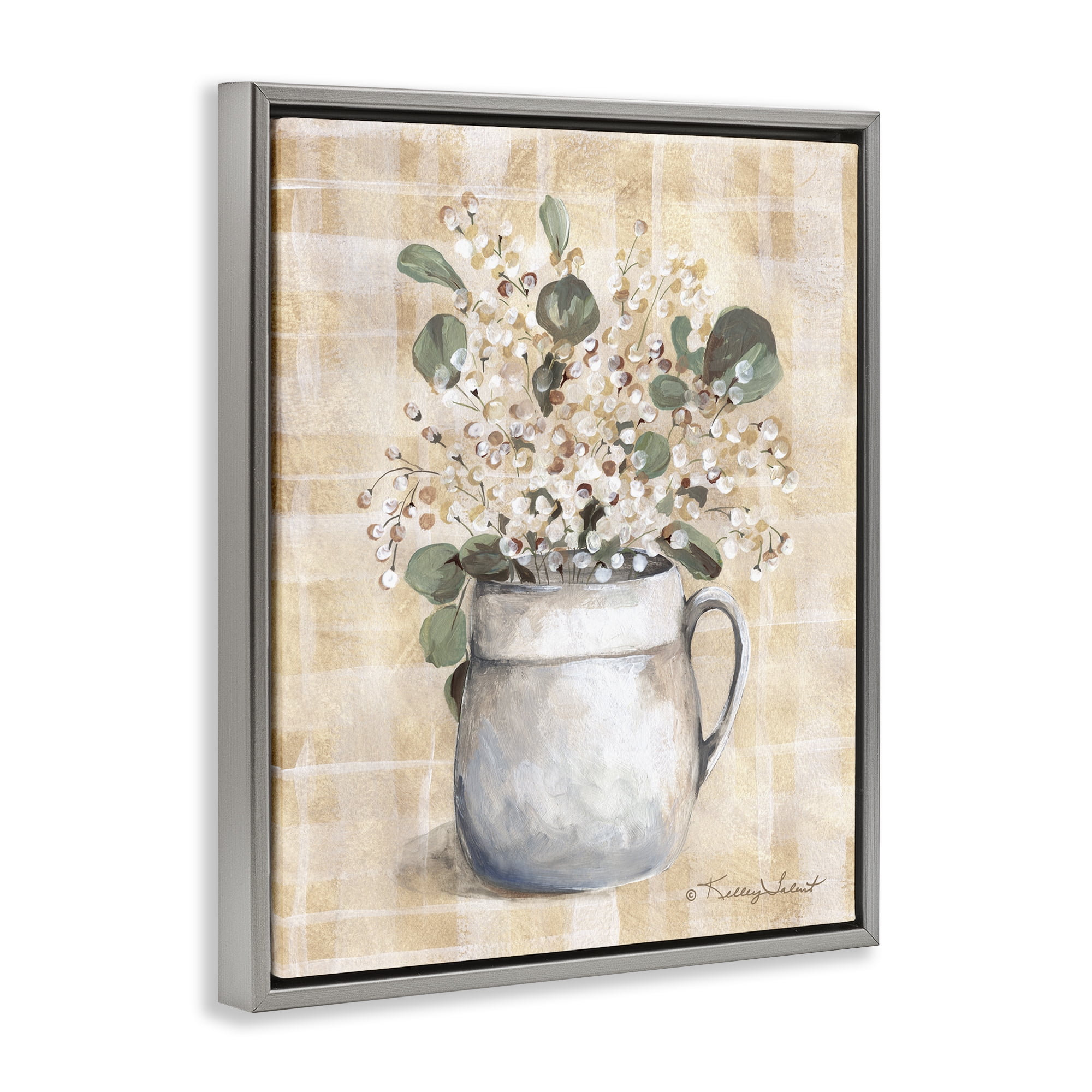 Stupell Industries Eucalyptus in Pottery Botanical & Floral Painting Gray Floater Framed Art Print Wall Art, 17 x 21