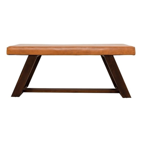 Pemberly Row Teak Wood and Genuine Leather Upholstery Bench in Cognac Tan/Walnut