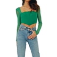 thumbnail image 1 of VISgogo, camiseta corta para mujer, manga larga de malla, camisetas cortas lisas con cuello cuadrado de corte bajo, camiseta delgada con ombligo para mujer para primavera/otoño VISgogo  moda, 1 of 8