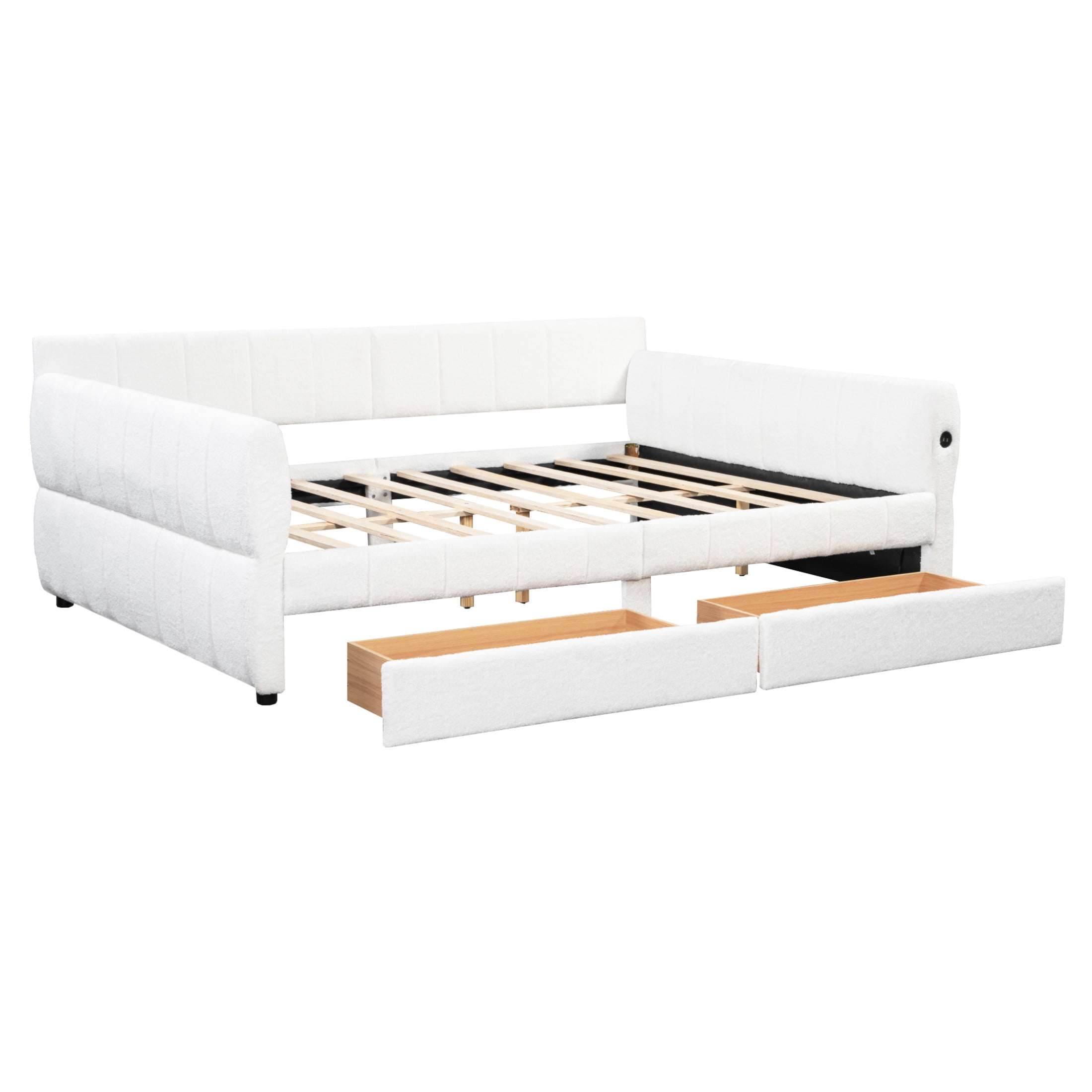 Noble House Alver Queen Upholstered Platform Bed, Luxurious Lambswool Frame with USB Ports and 2 Drawers, White