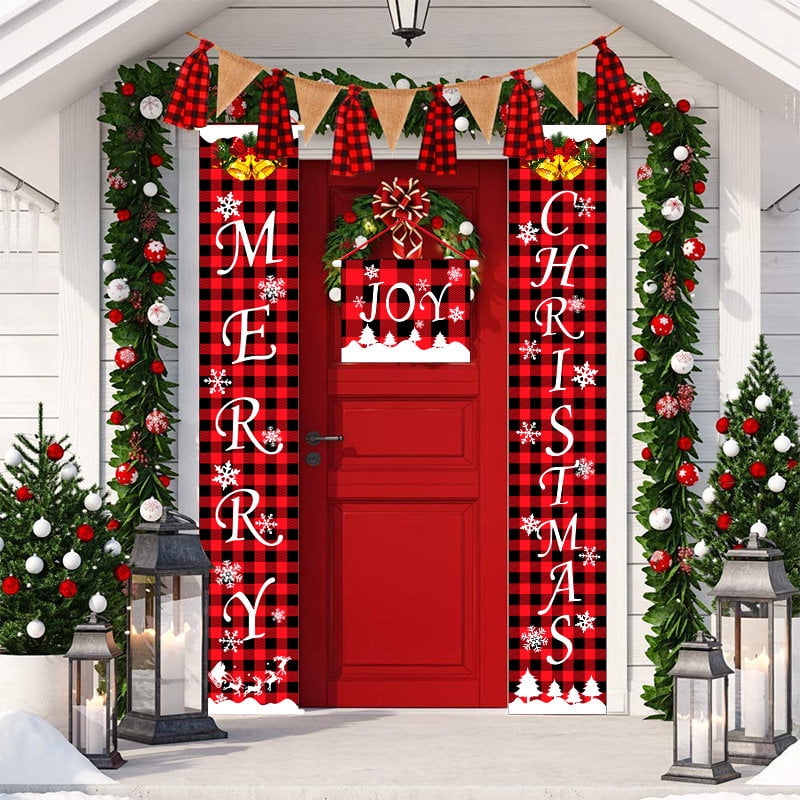 Merry Christmas Door Banners Porch Sign Hanging Banner Flag for Home