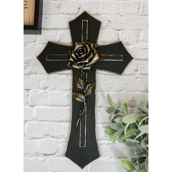 Western Black and Bronze Blooming Rose Stalk Petals Cross Wall Crucifix Plaque