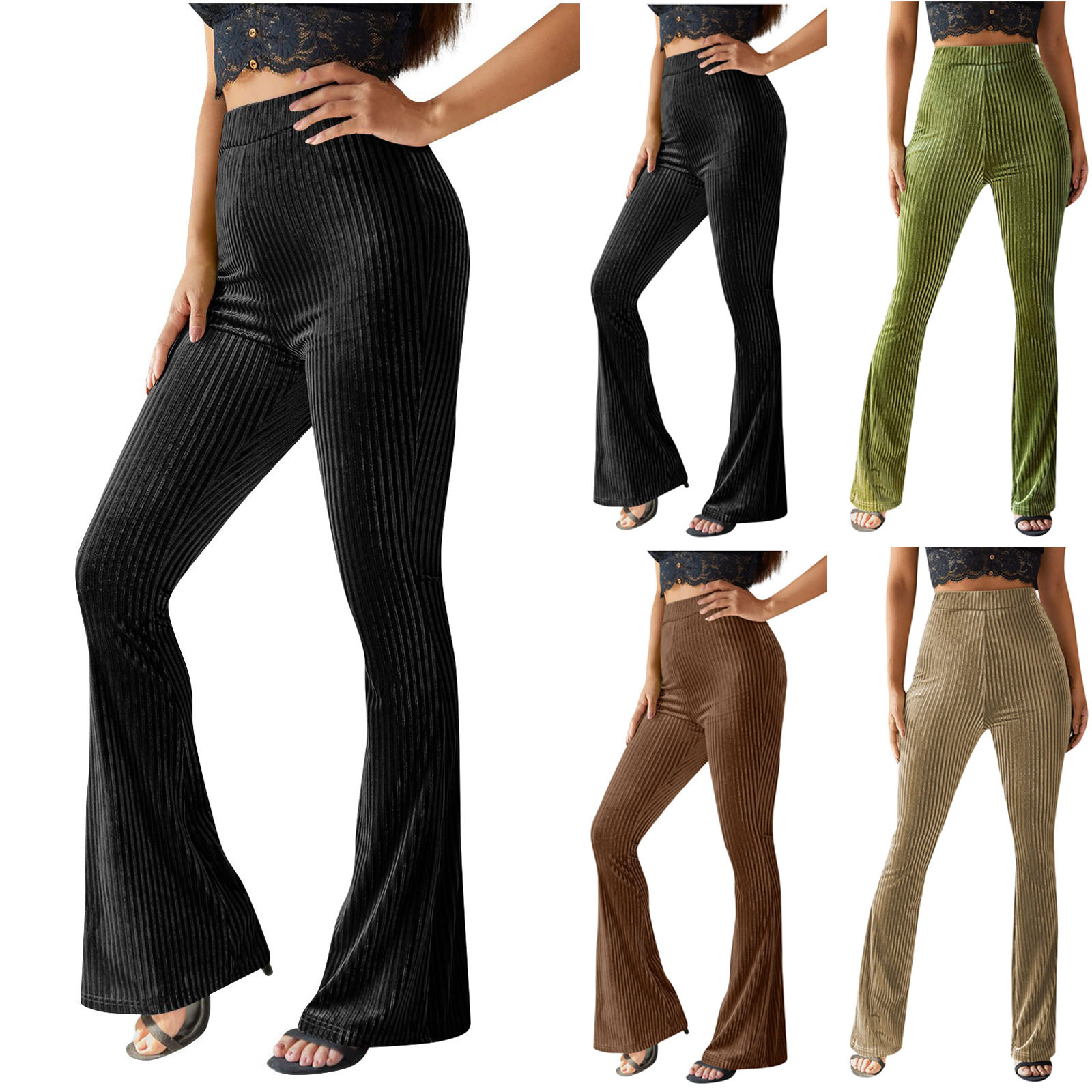 Womens Velvet Pants Ribbed Elastic High Waist Flare Leg Long Pants Slim